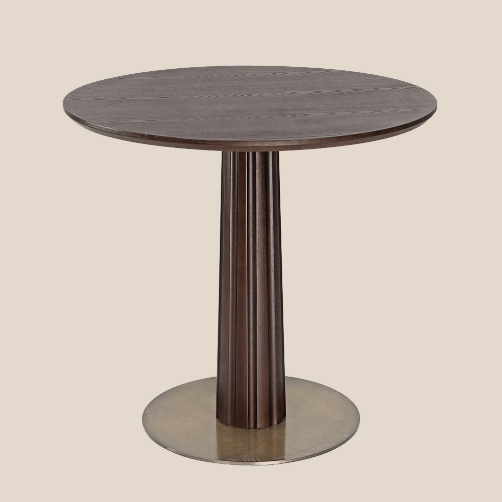 Moderný okrúhly jedálenský stôl s hnedou doskou z jaseňového dreva s dreveným a oceľovým podstavcom M6090# 1