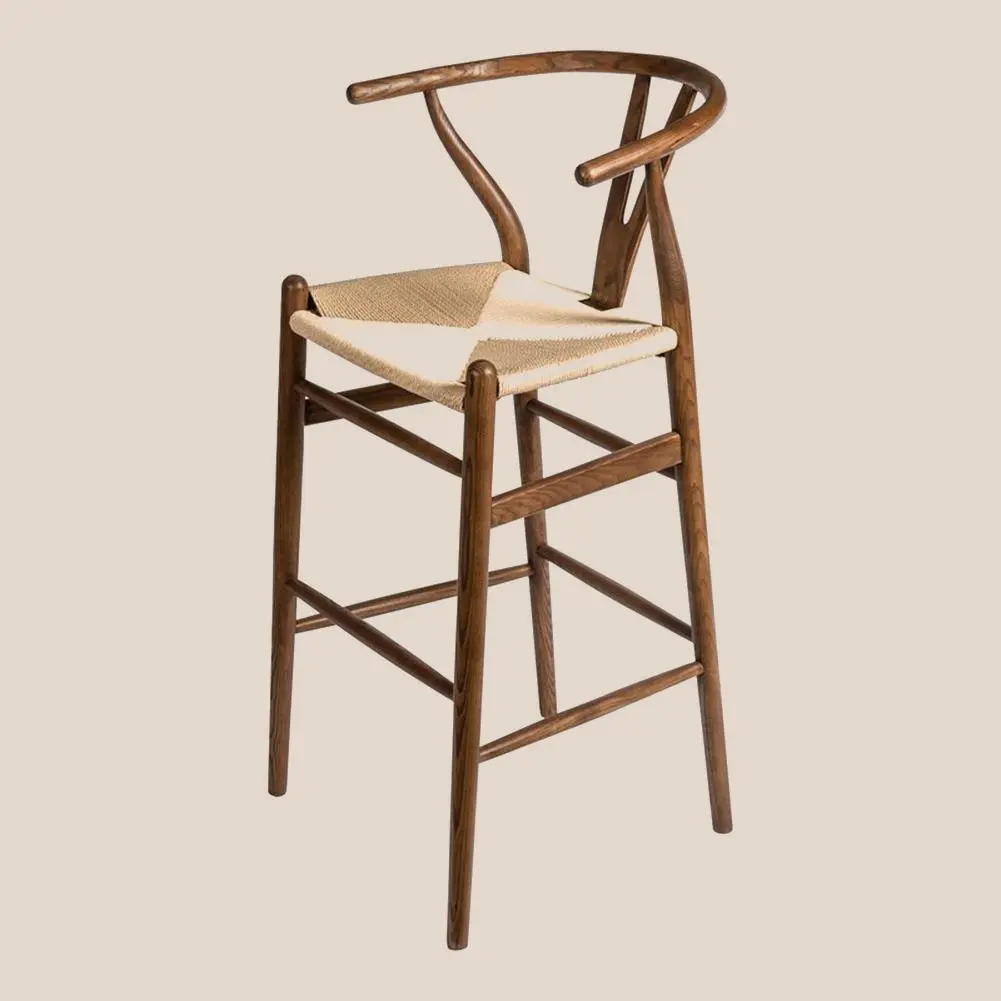 Y-Back Walnut Finished Solid Ash Wood Bar Stool with Woven Rattan Seat #M1089 1
