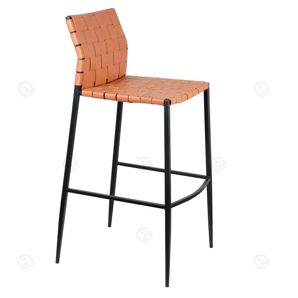 Orange hand woven saddle leather bar stool 1