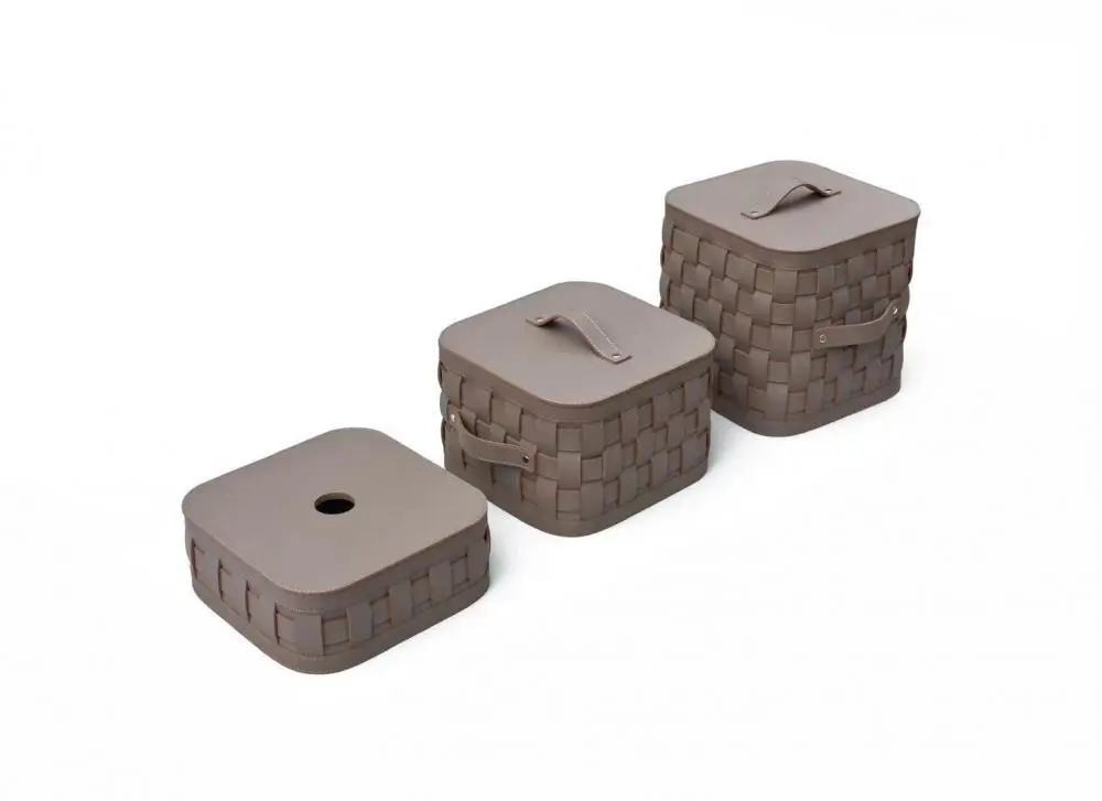 Dark khaki saddle leather storage basket with lid 1