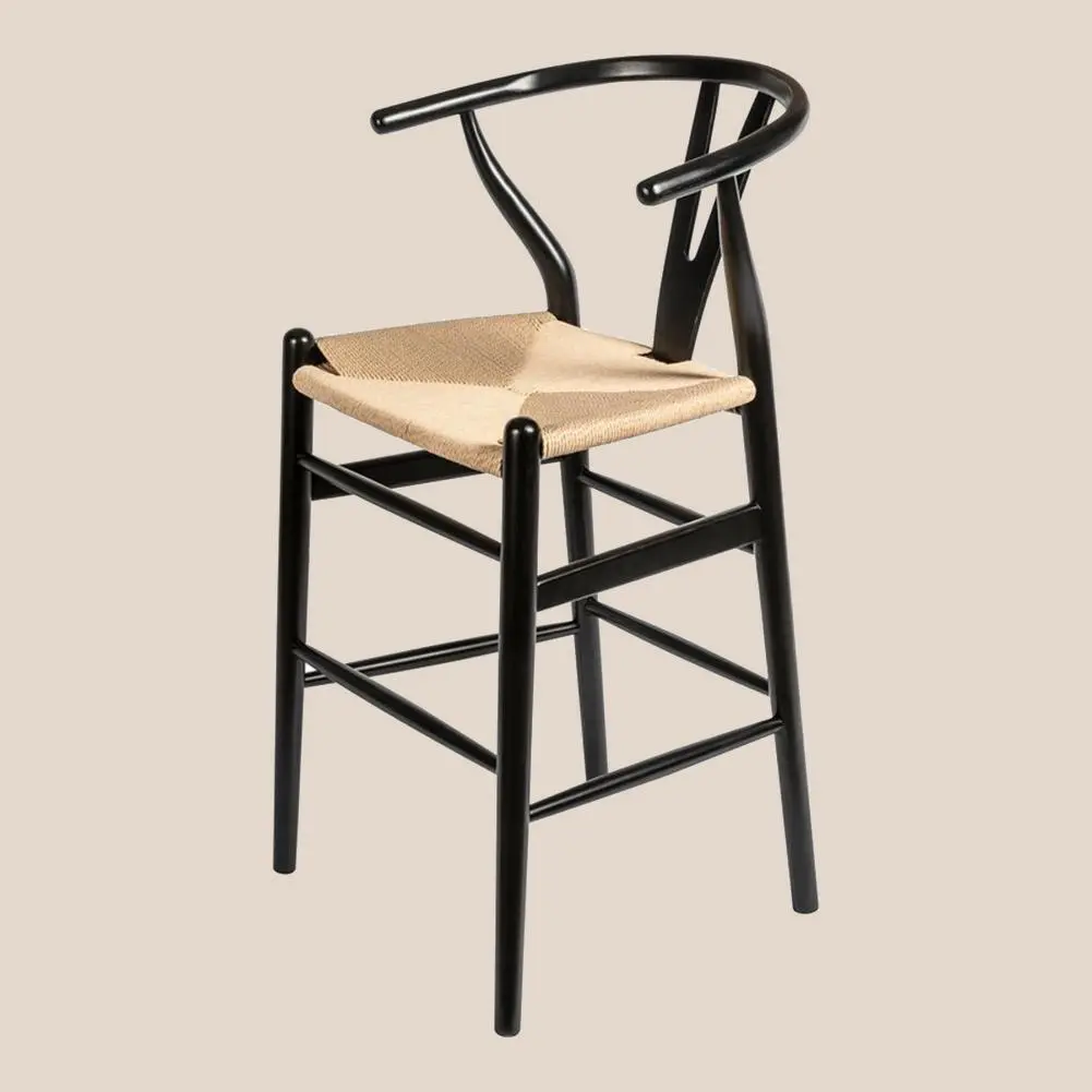 Matte Black Y-Back Solid Ash Wood Bar Stool with Woven Rattan Seat #M1089-3 1